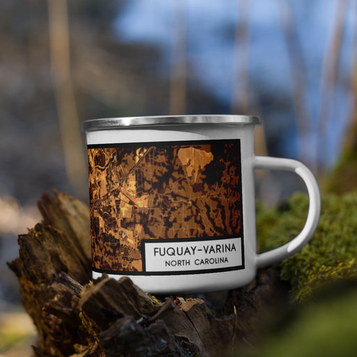 Right View Custom Fuquay-Varina North Carolina Map Enamel Mug in Ember on Grass With Trees in Background