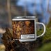 Right View Custom Fuquay-Varina North Carolina Map Enamel Mug in Ember on Grass With Trees in Background