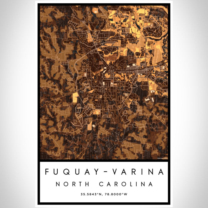 Fuquay-Varina North Carolina Map Print Portrait Orientation in Ember Style With Shaded Background