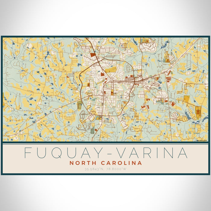 Fuquay-Varina North Carolina Map Print Landscape Orientation in Woodblock Style With Shaded Background