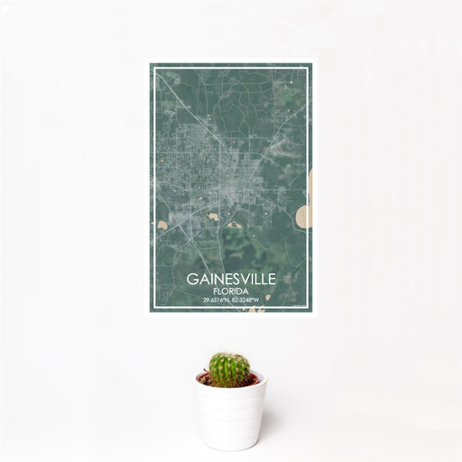 12x18 Gainesville Florida Map Print Portrait Orientation in Afternoon Style With Small Cactus Plant in White Planter