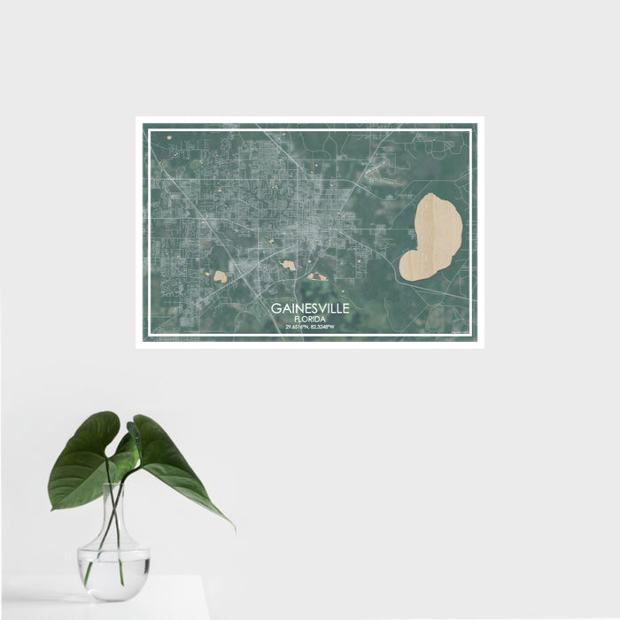16x24 Gainesville Florida Map Print Landscape Orientation in Afternoon Style With Tropical Plant Leaves in Water