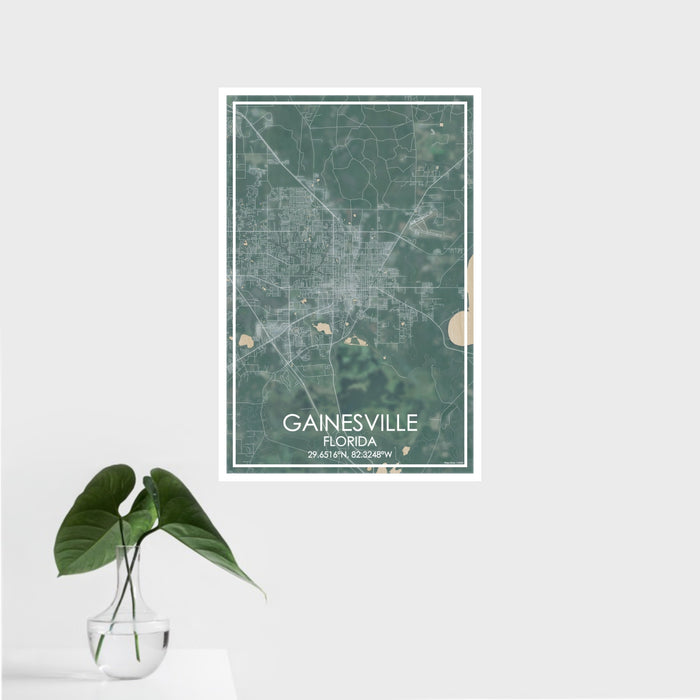 16x24 Gainesville Florida Map Print Portrait Orientation in Afternoon Style With Tropical Plant Leaves in Water