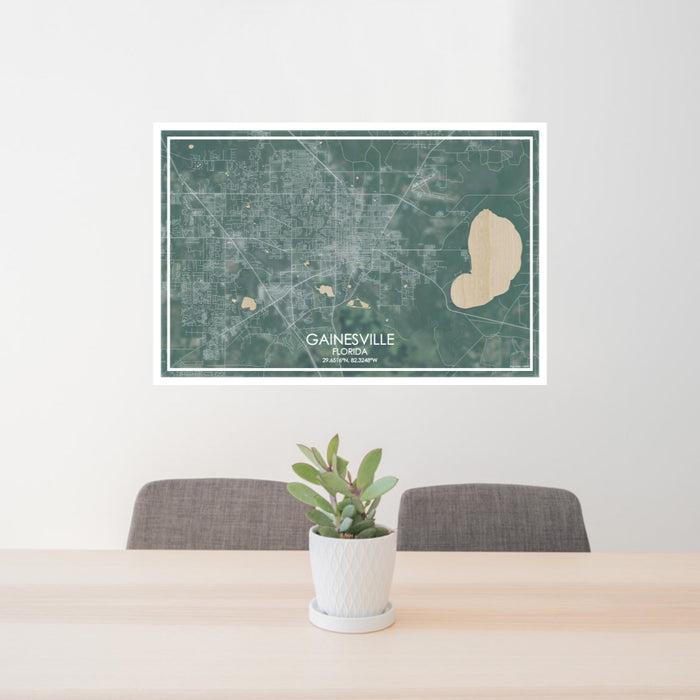 24x36 Gainesville Florida Map Print Lanscape Orientation in Afternoon Style Behind 2 Chairs Table and Potted Plant