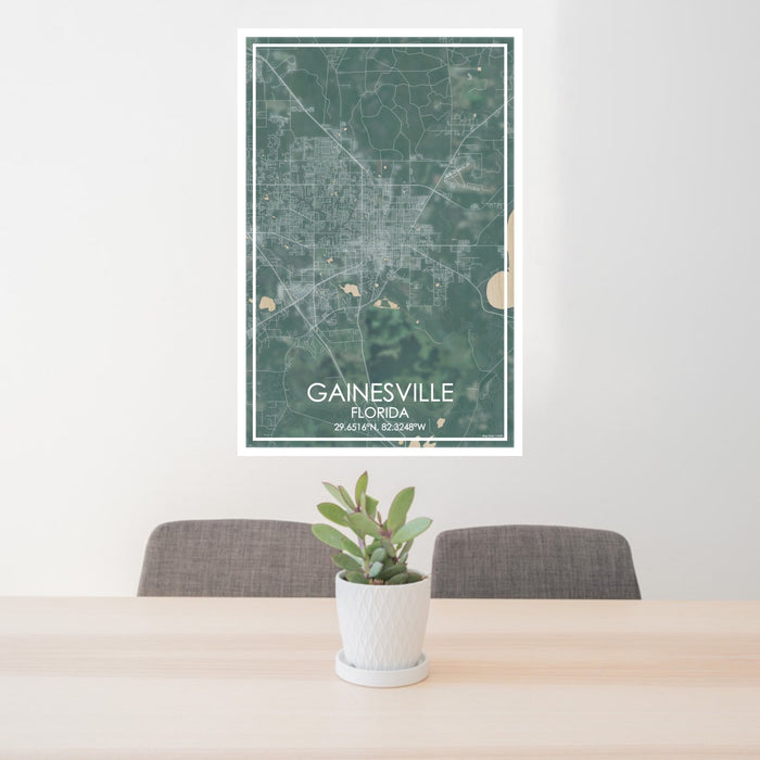24x36 Gainesville Florida Map Print Portrait Orientation in Afternoon Style Behind 2 Chairs Table and Potted Plant