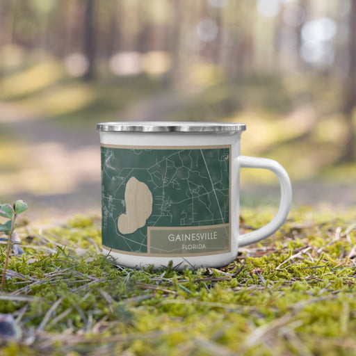 Right View Custom Gainesville Florida Map Enamel Mug in Afternoon on Grass With Trees in Background