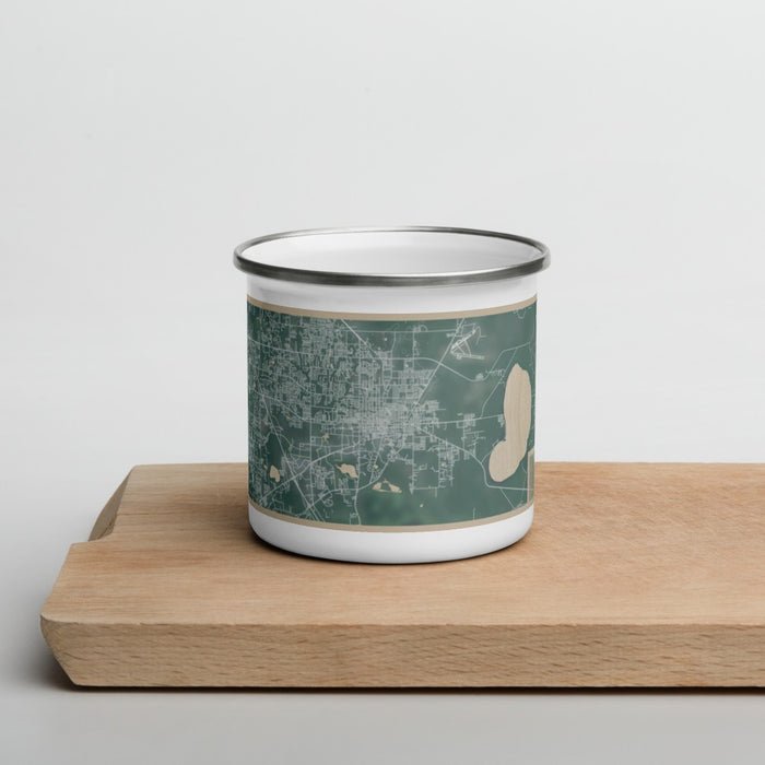 Front View Custom Gainesville Florida Map Enamel Mug in Afternoon on Cutting Board