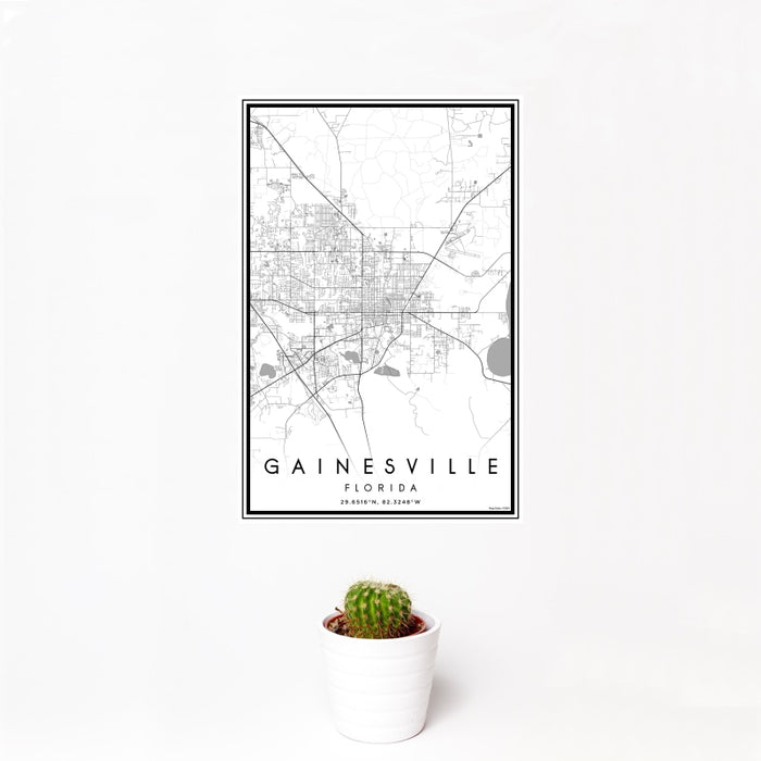12x18 Gainesville Florida Map Print Portrait Orientation in Classic Style With Small Cactus Plant in White Planter