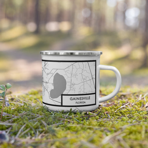 Right View Custom Gainesville Florida Map Enamel Mug in Classic on Grass With Trees in Background
