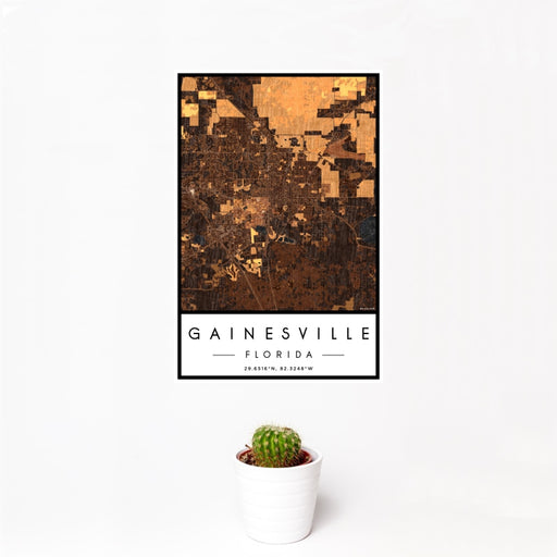 12x18 Gainesville Florida Map Print Portrait Orientation in Ember Style With Small Cactus Plant in White Planter