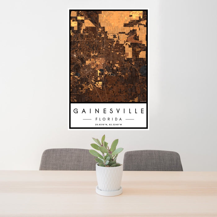 24x36 Gainesville Florida Map Print Portrait Orientation in Ember Style Behind 2 Chairs Table and Potted Plant