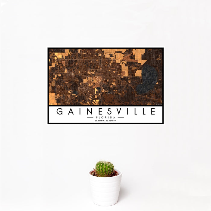 12x18 Gainesville Florida Map Print Landscape Orientation in Ember Style With Small Cactus Plant in White Planter