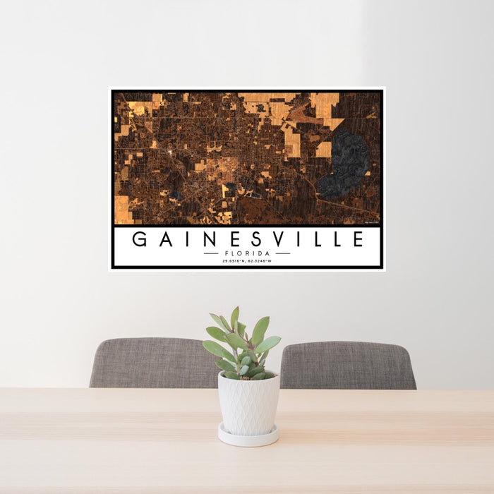 24x36 Gainesville Florida Map Print Landscape Orientation in Ember Style Behind 2 Chairs Table and Potted Plant
