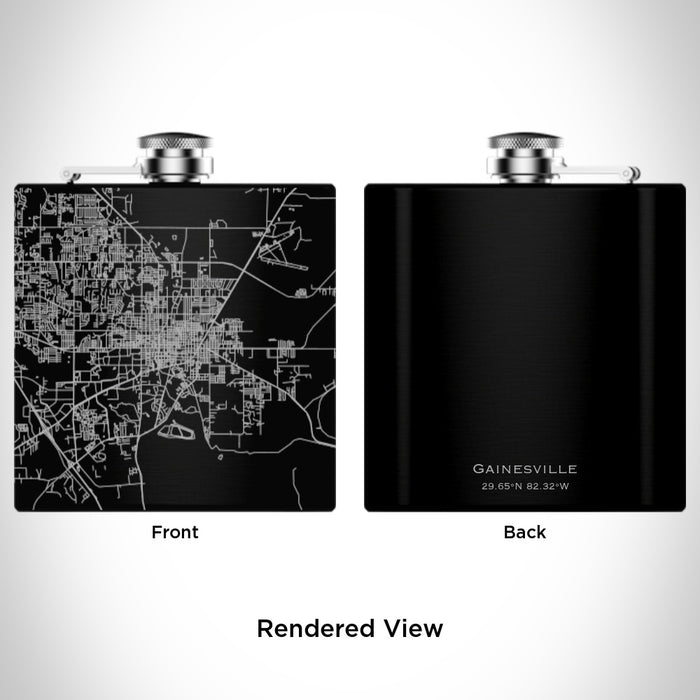 Rendered View of Gainesville Florida Map Engraving on 6oz Stainless Steel Flask in Black
