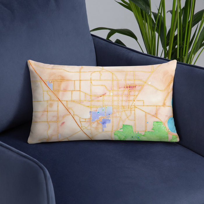 Custom Gainesville Florida Map Throw Pillow in Watercolor on Blue Colored Chair
