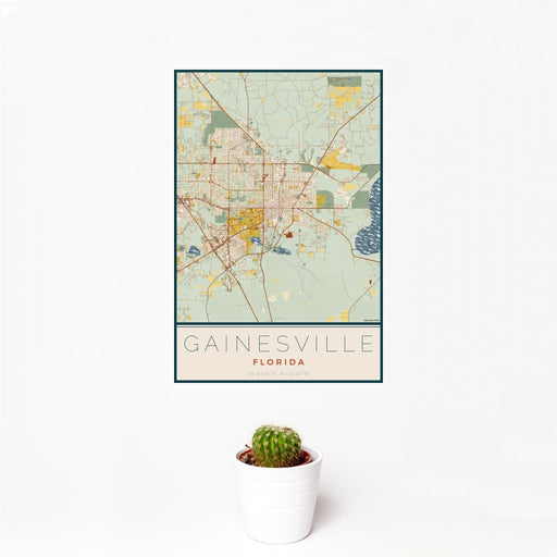 12x18 Gainesville Florida Map Print Portrait Orientation in Woodblock Style With Small Cactus Plant in White Planter