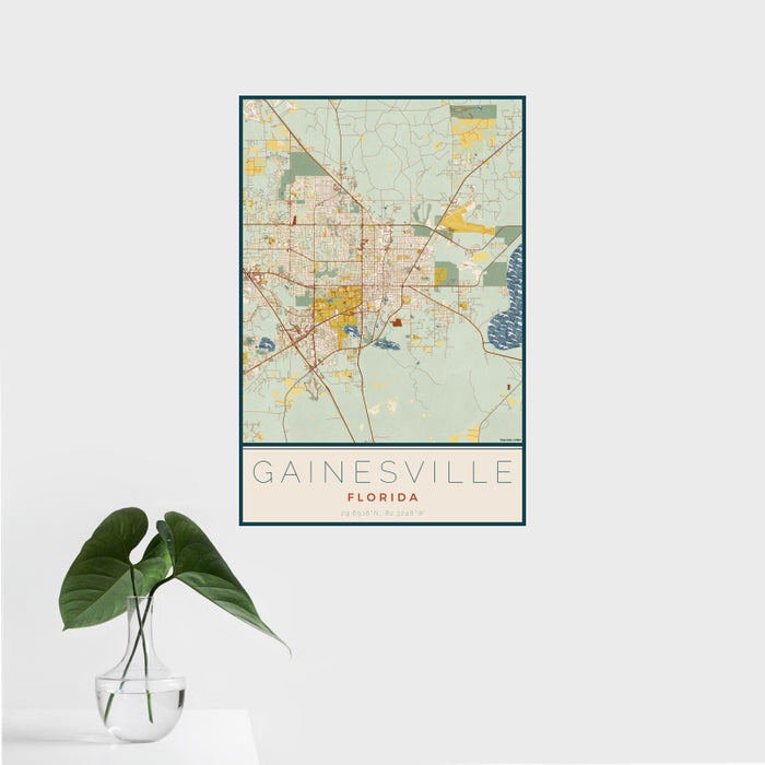 16x24 Gainesville Florida Map Print Portrait Orientation in Woodblock Style With Tropical Plant Leaves in Water