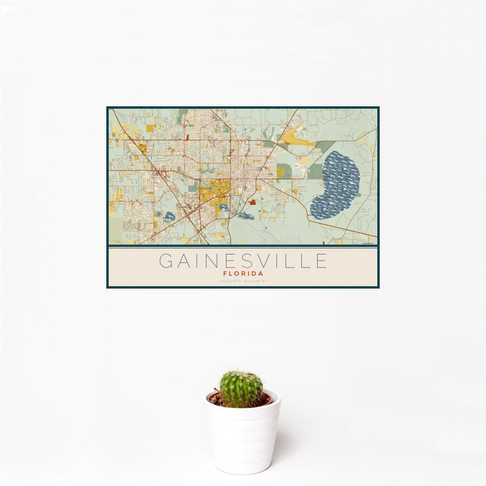 12x18 Gainesville Florida Map Print Landscape Orientation in Woodblock Style With Small Cactus Plant in White Planter