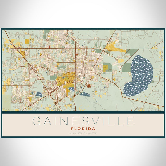 Gainesville Florida Map Print Landscape Orientation in Woodblock Style With Shaded Background