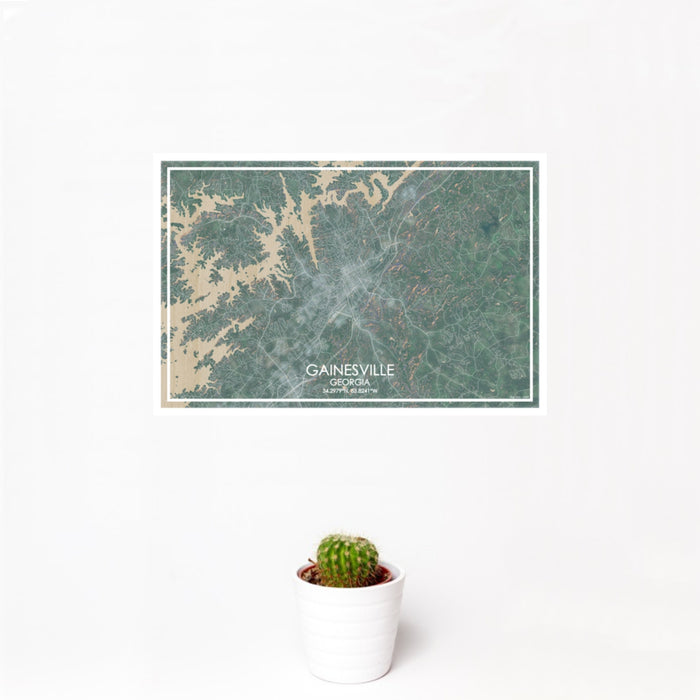 12x18 Gainesville Georgia Map Print Landscape Orientation in Afternoon Style With Small Cactus Plant in White Planter