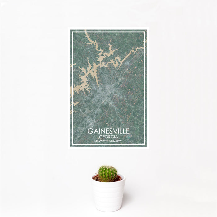12x18 Gainesville Georgia Map Print Portrait Orientation in Afternoon Style With Small Cactus Plant in White Planter