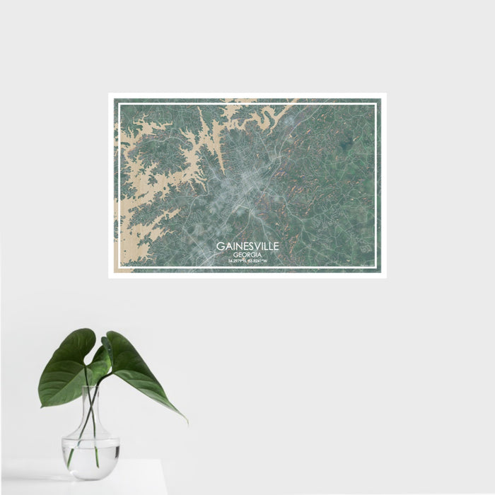 16x24 Gainesville Georgia Map Print Landscape Orientation in Afternoon Style With Tropical Plant Leaves in Water