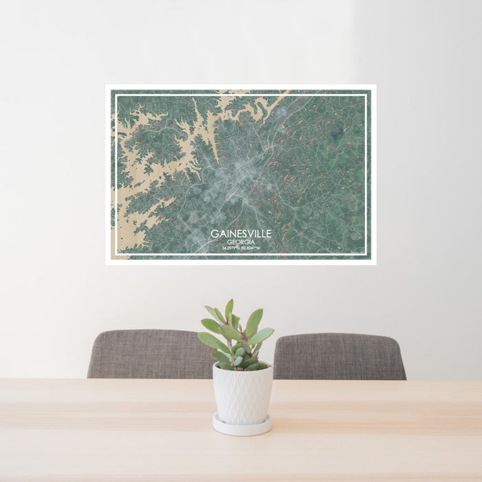 24x36 Gainesville Georgia Map Print Lanscape Orientation in Afternoon Style Behind 2 Chairs Table and Potted Plant