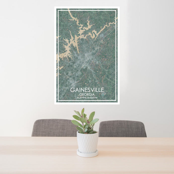 24x36 Gainesville Georgia Map Print Portrait Orientation in Afternoon Style Behind 2 Chairs Table and Potted Plant