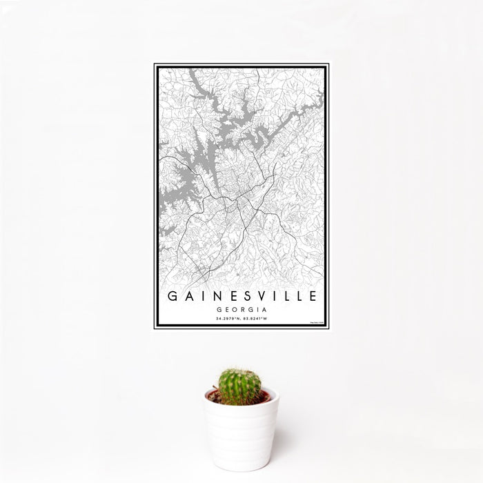 12x18 Gainesville Georgia Map Print Portrait Orientation in Classic Style With Small Cactus Plant in White Planter