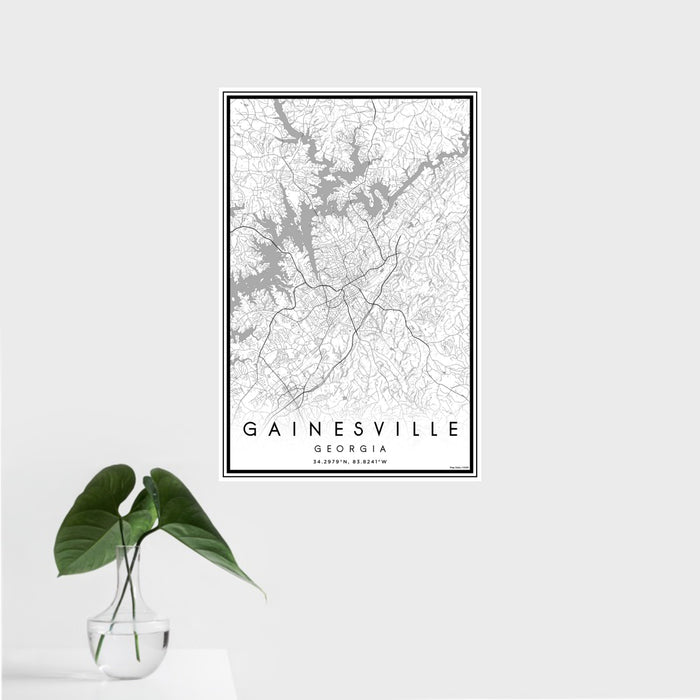 16x24 Gainesville Georgia Map Print Portrait Orientation in Classic Style With Tropical Plant Leaves in Water