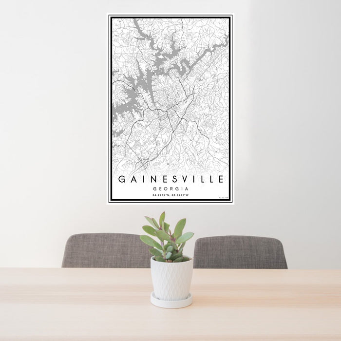 24x36 Gainesville Georgia Map Print Portrait Orientation in Classic Style Behind 2 Chairs Table and Potted Plant
