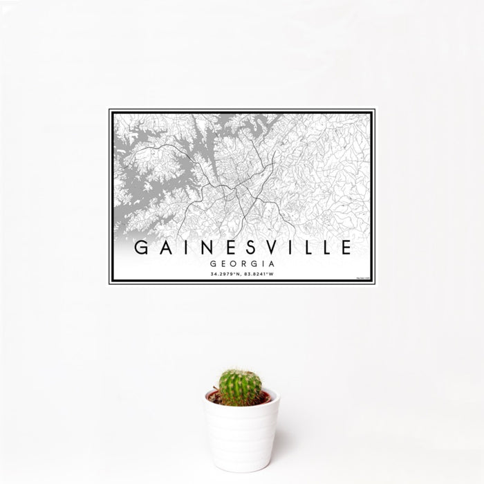 12x18 Gainesville Georgia Map Print Landscape Orientation in Classic Style With Small Cactus Plant in White Planter