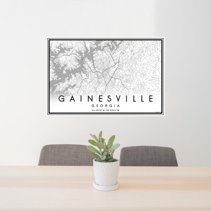 24x36 Gainesville Georgia Map Print Landscape Orientation in Classic Style Behind 2 Chairs Table and Potted Plant