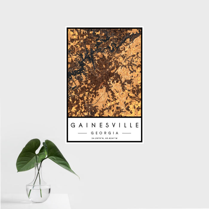 16x24 Gainesville Georgia Map Print Portrait Orientation in Ember Style With Tropical Plant Leaves in Water