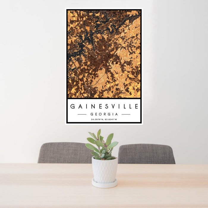 24x36 Gainesville Georgia Map Print Portrait Orientation in Ember Style Behind 2 Chairs Table and Potted Plant
