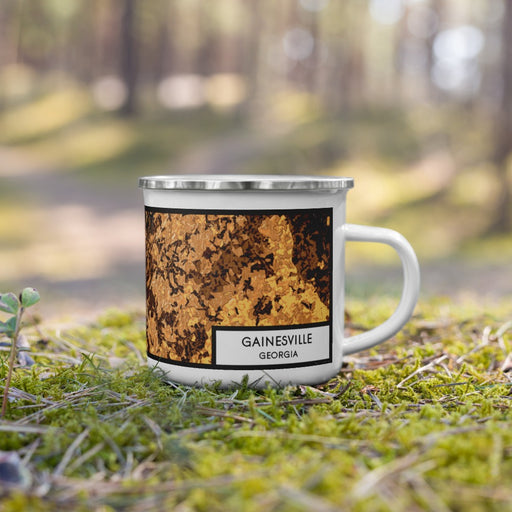 Right View Custom Gainesville Georgia Map Enamel Mug in Ember on Grass With Trees in Background