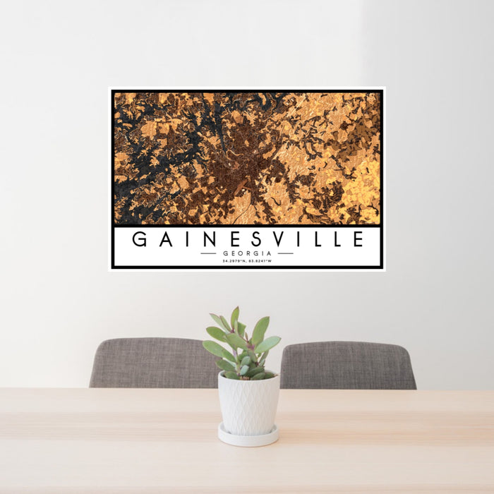 24x36 Gainesville Georgia Map Print Landscape Orientation in Ember Style Behind 2 Chairs Table and Potted Plant