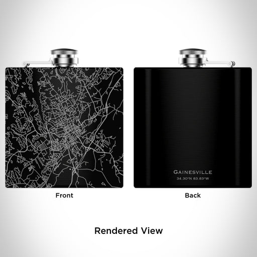 Rendered View of Gainesville Georgia Map Engraving on 6oz Stainless Steel Flask in Black