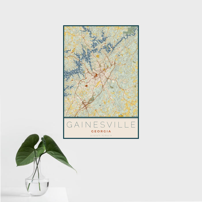 16x24 Gainesville Georgia Map Print Portrait Orientation in Woodblock Style With Tropical Plant Leaves in Water