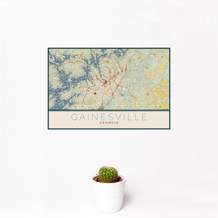 12x18 Gainesville Georgia Map Print Landscape Orientation in Woodblock Style With Small Cactus Plant in White Planter