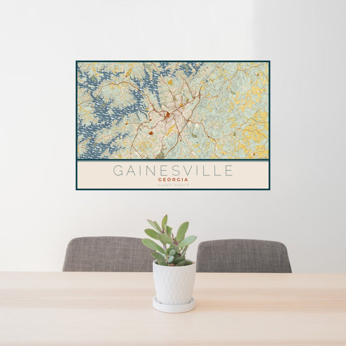 24x36 Gainesville Georgia Map Print Landscape Orientation in Woodblock Style Behind 2 Chairs Table and Potted Plant