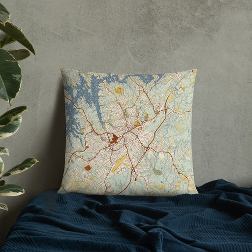 Custom Gainesville Georgia Map Throw Pillow in Woodblock on Bedding Against Wall