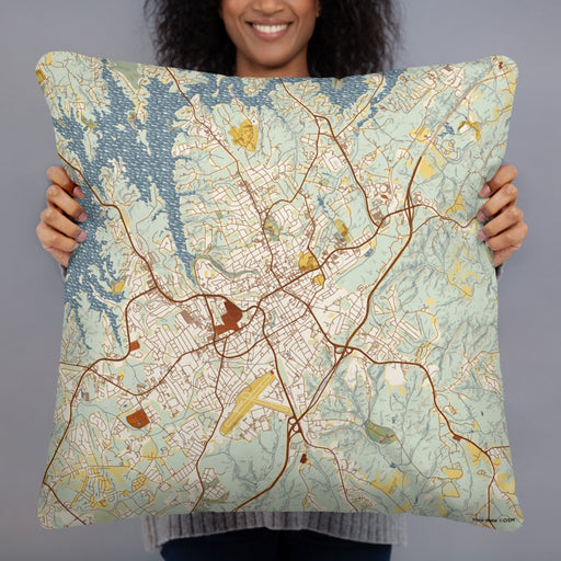 Person holding 22x22 Custom Gainesville Georgia Map Throw Pillow in Woodblock