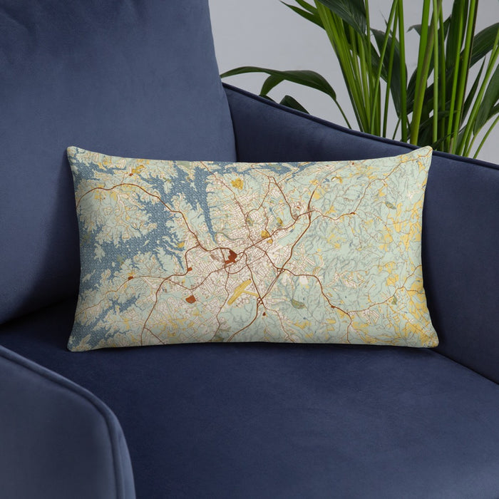 Custom Gainesville Georgia Map Throw Pillow in Woodblock on Blue Colored Chair
