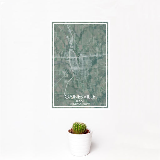 12x18 Gainesville Texas Map Print Portrait Orientation in Afternoon Style With Small Cactus Plant in White Planter
