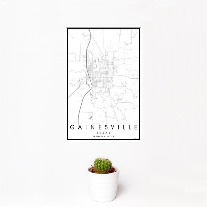 12x18 Gainesville Texas Map Print Portrait Orientation in Classic Style With Small Cactus Plant in White Planter