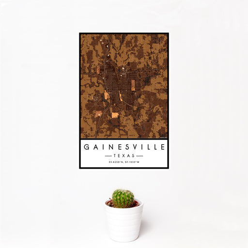 12x18 Gainesville Texas Map Print Portrait Orientation in Ember Style With Small Cactus Plant in White Planter