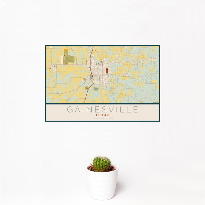 12x18 Gainesville Texas Map Print Landscape Orientation in Woodblock Style With Small Cactus Plant in White Planter