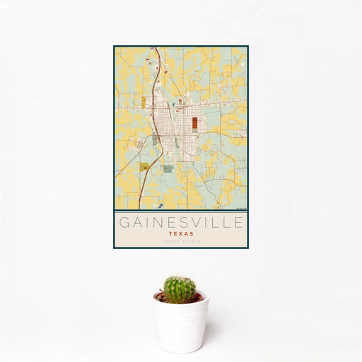 12x18 Gainesville Texas Map Print Portrait Orientation in Woodblock Style With Small Cactus Plant in White Planter