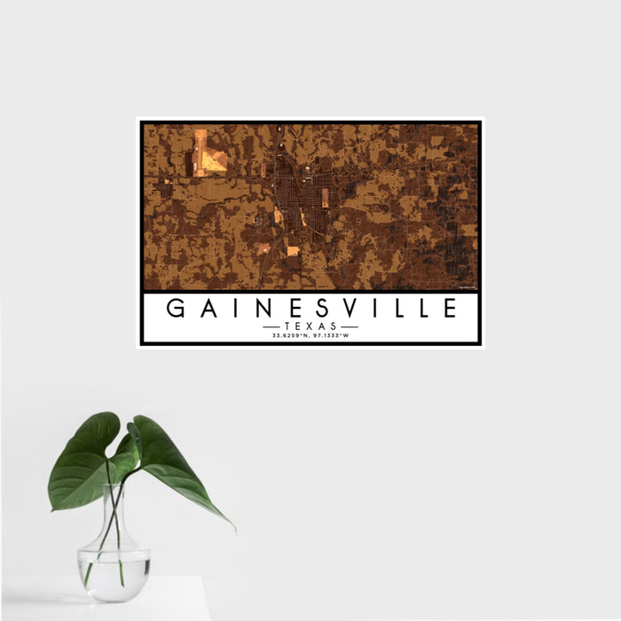 16x24 Gainesville Texas Map Print Landscape Orientation in Ember Style With Tropical Plant Leaves in Water